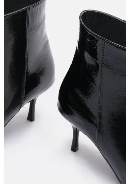 Bestyle Noır Kadın Siyah Gerçek Rugan Deri Ince Topuklu Fermuarlı Bot