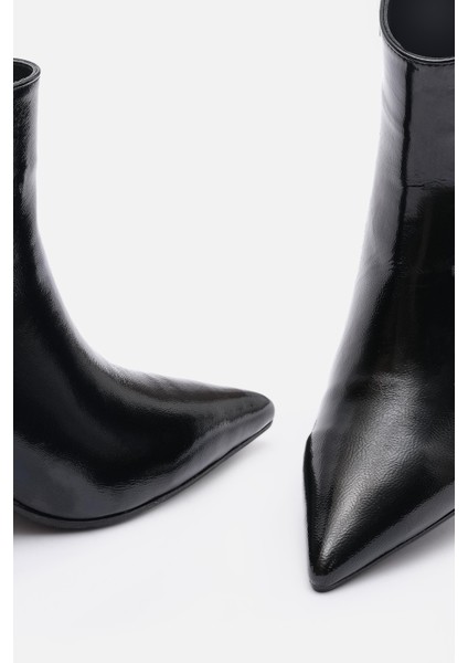 Bestyle Noır Kadın Siyah Gerçek Rugan Deri Ince Topuklu Fermuarlı Bot