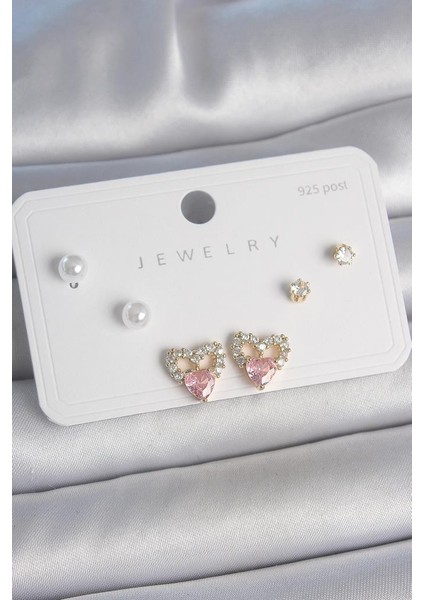 Pirinç Gold Renk Pembe Zirkon Taşlı Kalp Model Inci Detay 925 Ayar Kadın Küpe Seti - BKP10488 (802802)