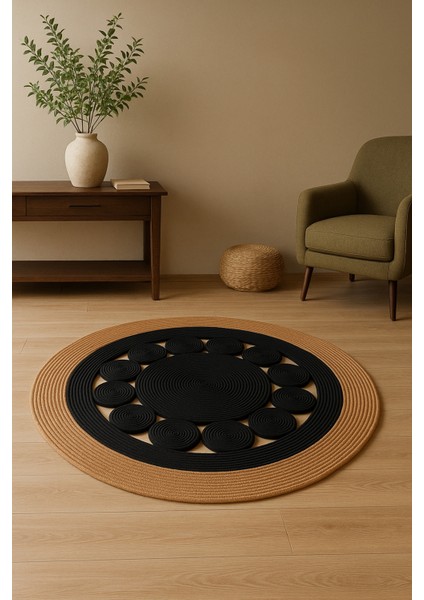 Jutella Jüt Bej-Siyah Ortası Kurabiyeli Yuvarlak Modern Salon Banyo Kilim Halı Paspas Yolluk