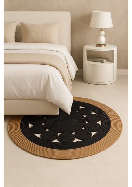 Jutella Jüt Bej-Siyah Ortası Kurabiyeli Yuvarlak Modern Salon Banyo Kilim Halı Paspas Yolluk fiyatları