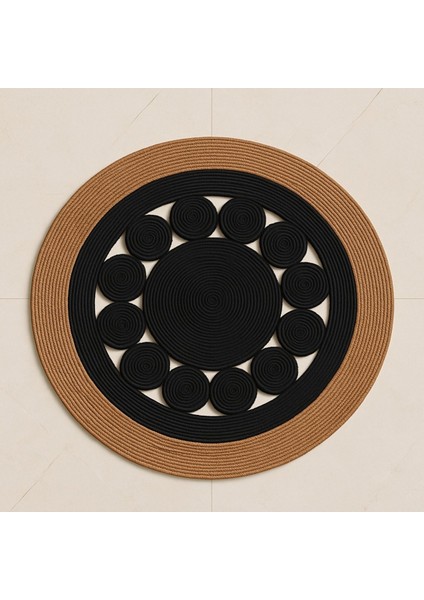 Jutella Jüt Bej-Siyah Ortası Kurabiyeli Yuvarlak Modern Salon Banyo Kilim Halı Paspas Yolluk indirimleri