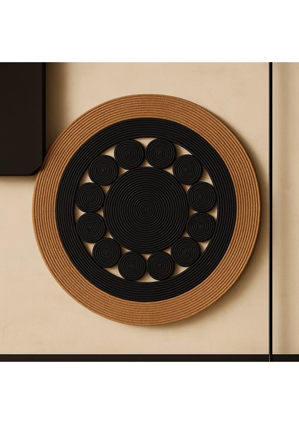 Jutella Jüt Bej-Siyah Ortası Kurabiyeli Yuvarlak Modern Salon Banyo Kilim Halı Paspas Yolluk