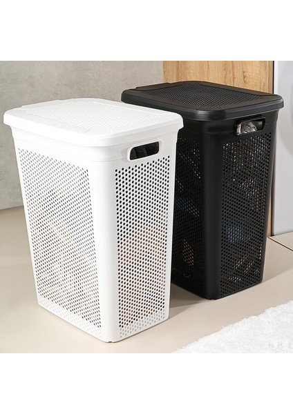 2'li Kirli Çamaşır Sepeti Seti - 40 Litre Kapaklı Delik Detaylı Stash Slim Kirli Sepeti Siyah Beyaz
