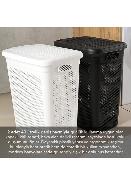 2'li Kirli Çamaşır Sepeti Seti - 40 Litre Kapaklı Delik Detaylı Stash Slim Kirli Sepeti Siyah Beyaz fiyatları