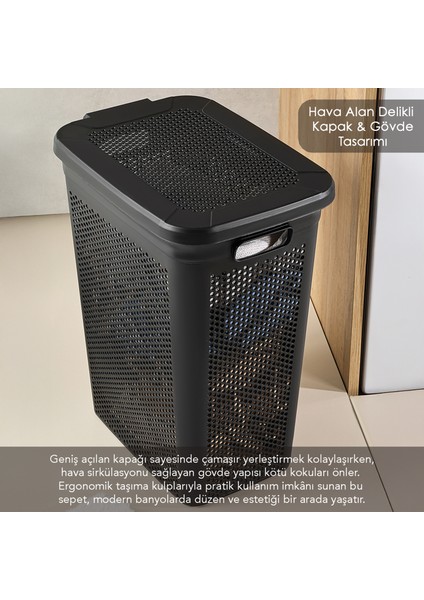 2'li Kirli Çamaşır Sepeti Seti - 40 Litre Kapaklı Delik Detaylı Stash Slim Kirli Sepeti Siyah Beyaz modelleri