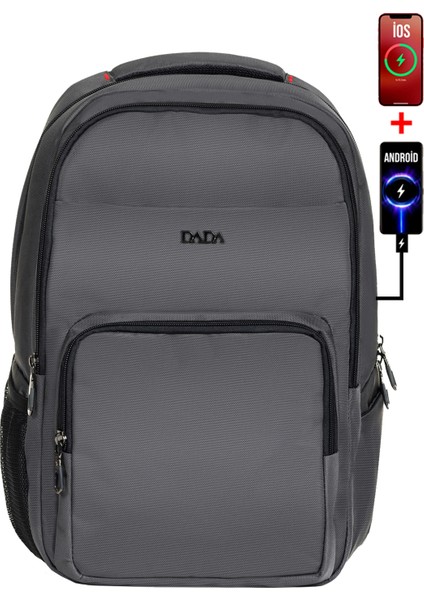 Okul ve Günlük Gri Erkek Sırt Çantası USB Type-C Aparat Ortopedik Sırt ve Omuz Askısı 14 Inç