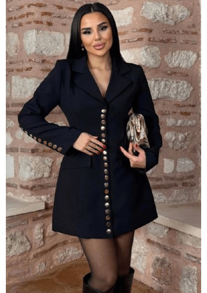 Kadın Bordo Çıt Çıt Gold Düğmeli Mini Ceket Elbise