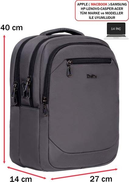 Erkek Sırt Çantası Okul Iş Günlük Kullanım USB Aparat Ortopedik Sırt ve Omuz Askısı 14 Inç modelleri