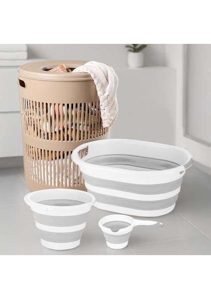 4'lü Set - 60 Lt Solara Kirli Sepeti Bej, Katlanabilir Silikon Çamaşır Sepeti, Su Kovası, Maşrapa