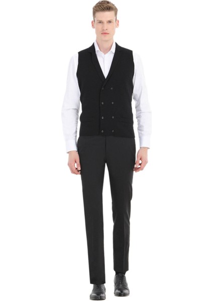 Siyah Regular Fit Kelebek Yaka Casual Örme Triko Yelek