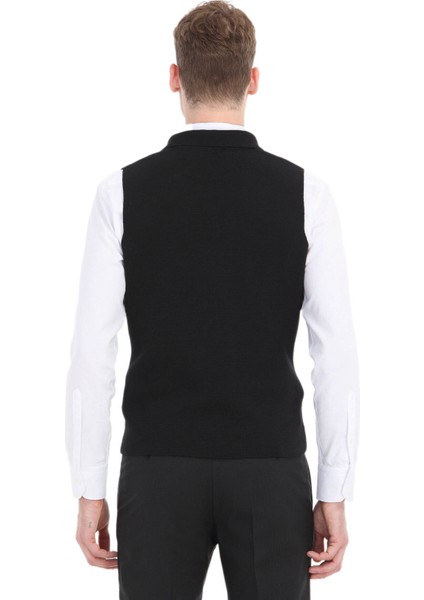 Siyah Regular Fit Kelebek Yaka Casual Örme Triko Yelek