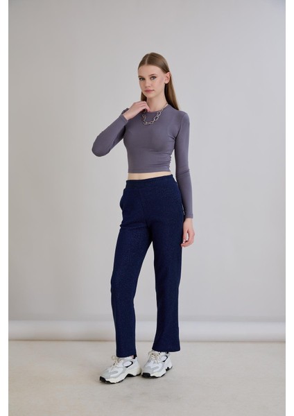 Simli Örme Regular Kalıp Boru Paça Triko Pantolon Indigo fiyatları