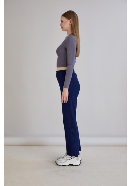 Simli Örme Regular Kalıp Boru Paça Triko Pantolon Indigo indirimleri