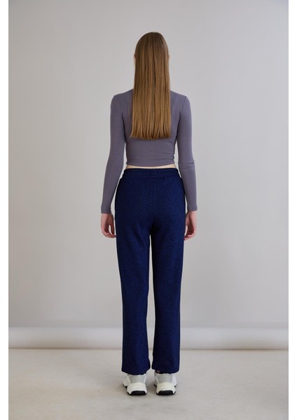 Simli Örme Regular Kalıp Boru Paça Triko Pantolon Indigo