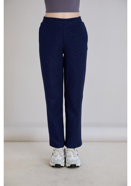 Simli Örme Regular Kalıp Boru Paça Triko Pantolon Indigo