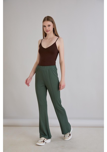 Nervürlü Beli Lastikli Bol Paça Pantolon Haki modelleri