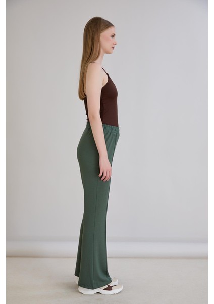 Nervürlü Beli Lastikli Bol Paça Pantolon Haki fırsatları