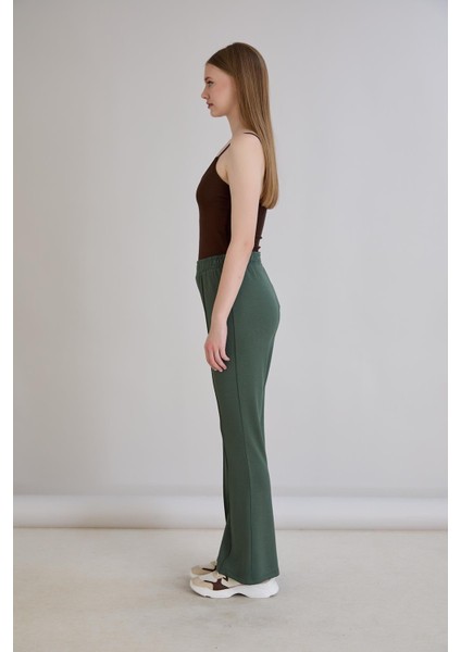 Nervürlü Beli Lastikli Bol Paça Pantolon Haki indirimleri