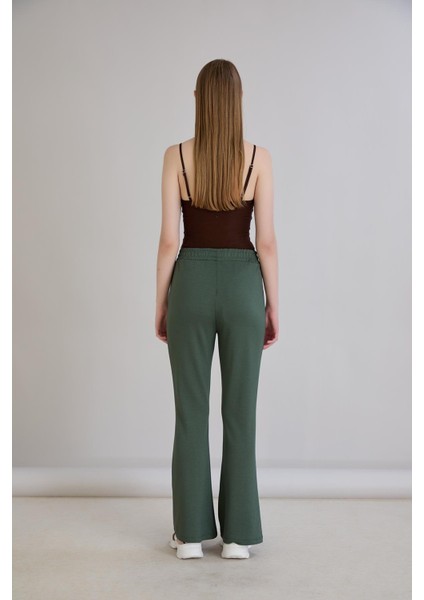 Nervürlü Beli Lastikli Bol Paça Pantolon Haki