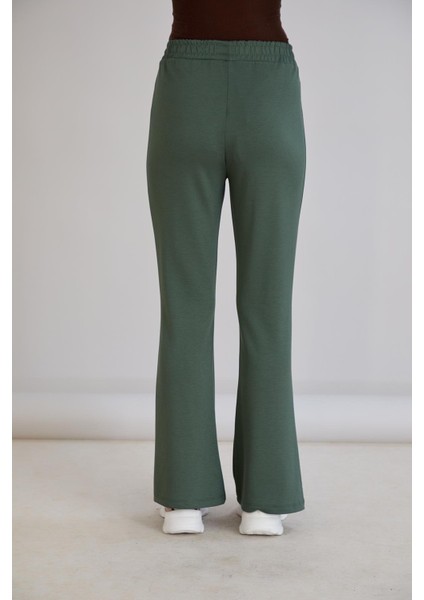 Nervürlü Beli Lastikli Bol Paça Pantolon Haki