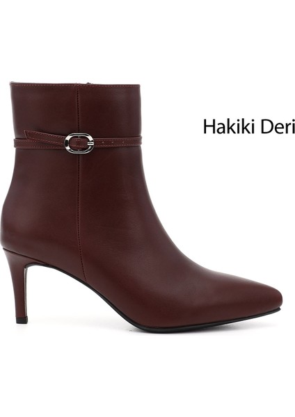 Kadın Bordo Platinum Fermuarlı İnce Topuklu Hakiki Deri Bot