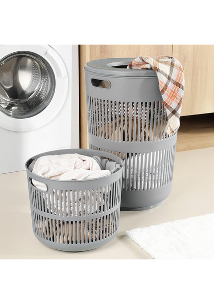 2'li Solara Çamaşır Sepeti Seti - 60 Lt Kapak Detaylı Kirli Sepeti, 22 Lt Çamaşır Sepeti Gri