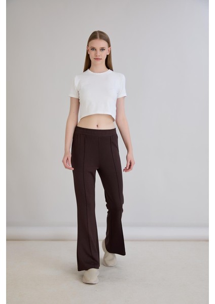 Nervürlü Beli Lastikli Bol Paça Pantolon Kahverengi