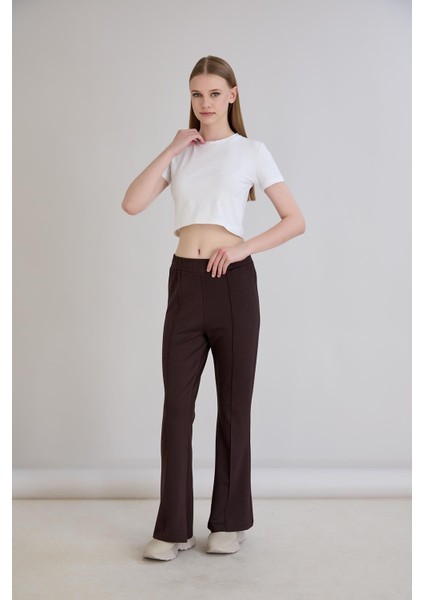 Nervürlü Beli Lastikli Bol Paça Pantolon Kahverengi fiyatları