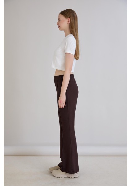 Nervürlü Beli Lastikli Bol Paça Pantolon Kahverengi fırsatları