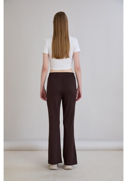 Nervürlü Beli Lastikli Bol Paça Pantolon Kahverengi indirimleri