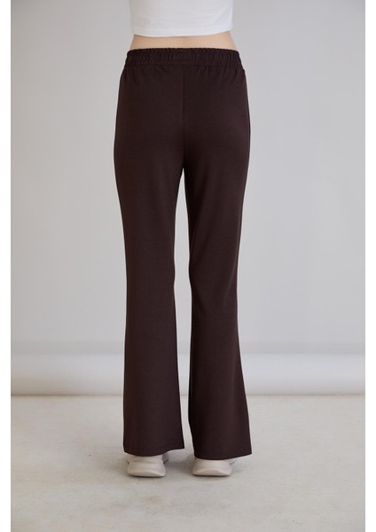 Nervürlü Beli Lastikli Bol Paça Pantolon Kahverengi