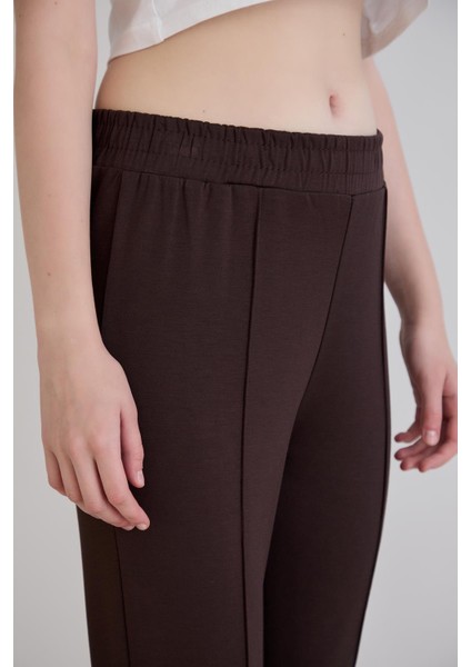 Nervürlü Beli Lastikli Bol Paça Pantolon Kahverengi