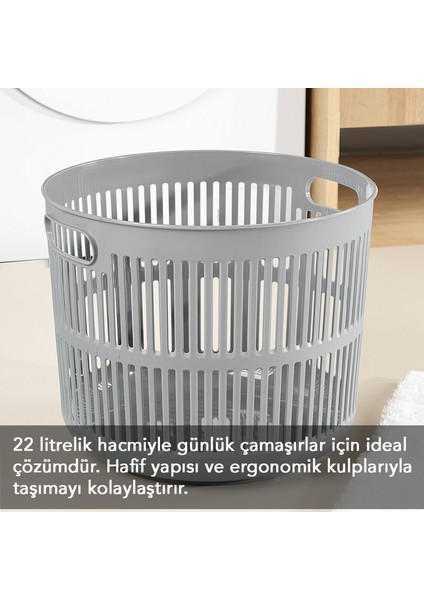 22 Litre Solara Yuvarlak Çamaşır Sepeti - Kulplu Çok Amaçlı Sepet Banyo Düzenleyici Sepet Gri fiyatları