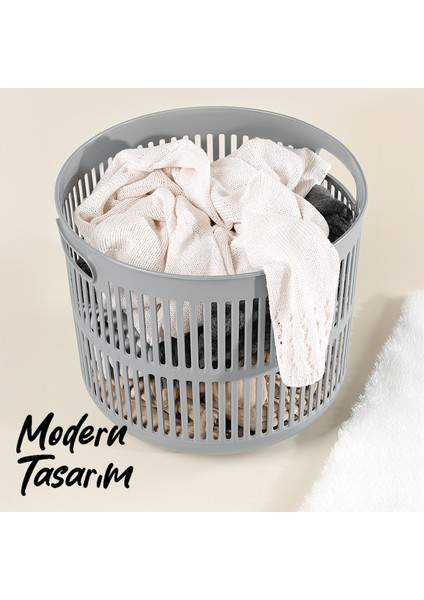 22 Litre Solara Yuvarlak Çamaşır Sepeti - Kulplu Çok Amaçlı Sepet Banyo Düzenleyici Sepet Gri fırsatları