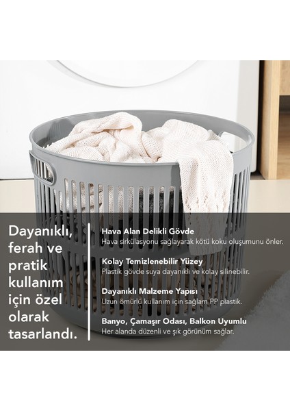 22 Litre Solara Yuvarlak Çamaşır Sepeti - Kulplu Çok Amaçlı Sepet Banyo Düzenleyici Sepet Gri indirimleri