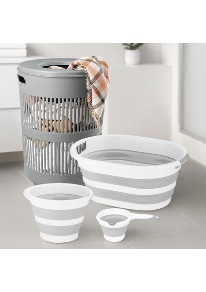 4'lü Set - 60 Lt Solara Kirli Sepeti Gri, Katlanabilir Silikon Çamaşır Sepeti, Su Kovası, Maşrapa