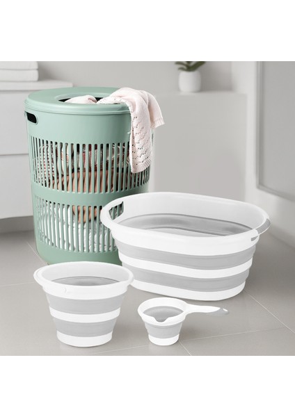 4'lü Set - 60 Lt Solara Kirli Sepeti Yeşil, Katlanabilir Silikon Çamaşır Sepeti, Su Kovası, Maşrapa