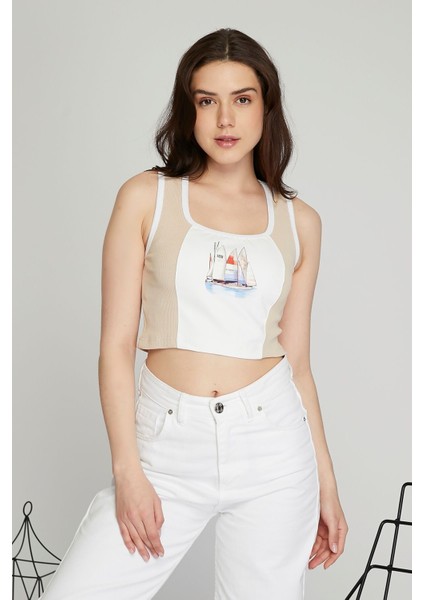 Kadın Deri Crop Ribana Kaşkorse Likralı Deri Garnili Baskılı Crop Büstiyer Deri Üzeri Baskılı Crop