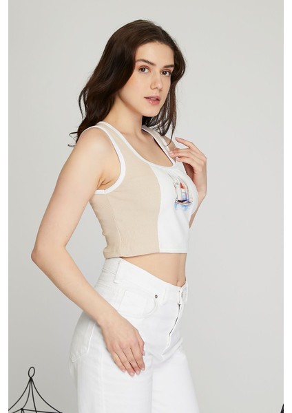 Kadın Deri Crop Ribana Kaşkorse Likralı Deri Garnili Baskılı Crop Büstiyer Deri Üzeri Baskılı Crop fırsatları