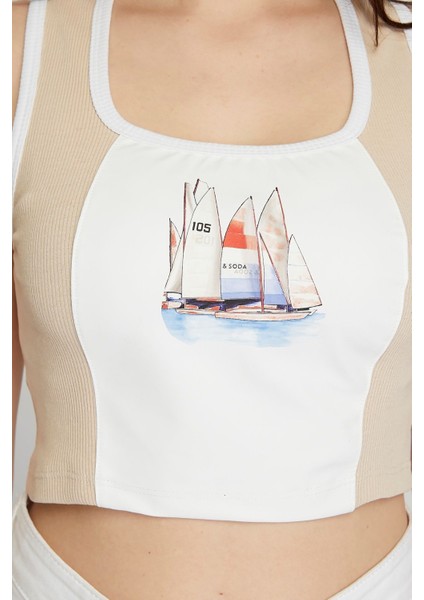 Kadın Deri Crop Ribana Kaşkorse Likralı Deri Garnili Baskılı Crop Büstiyer Deri Üzeri Baskılı Crop indirimleri