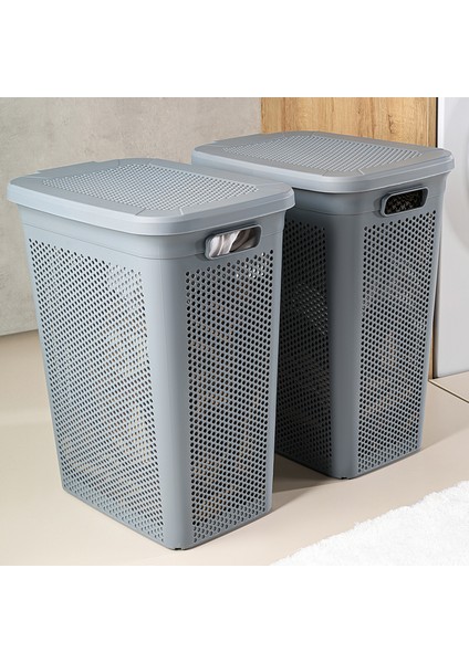2'li Kirli Çamaşır Sepeti Seti - 40 Litre Kapaklı Delik Detaylı Stash Slim Kirli Sepeti Gri