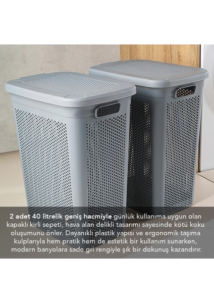 2'li Kirli Çamaşır Sepeti Seti - 40 Litre Kapaklı Delik Detaylı Stash Slim Kirli Sepeti Gri fiyatları