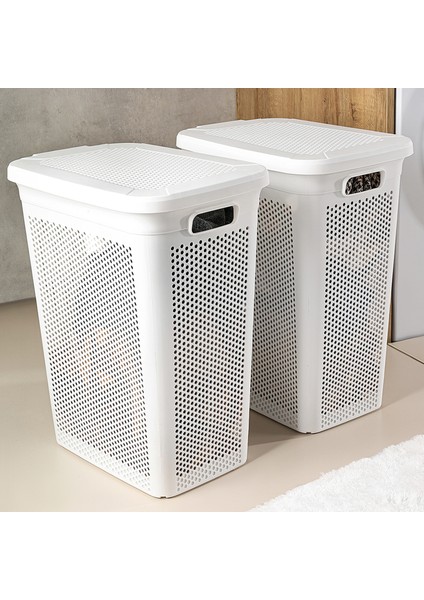 2'li Kirli Çamaşır Sepeti Seti - 40 Litre Kapaklı Delik Detaylı Stash Slim Kirli Sepeti Beyaz