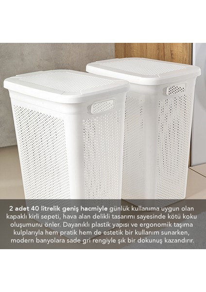 2'li Kirli Çamaşır Sepeti Seti - 40 Litre Kapaklı Delik Detaylı Stash Slim Kirli Sepeti Beyaz fiyatları