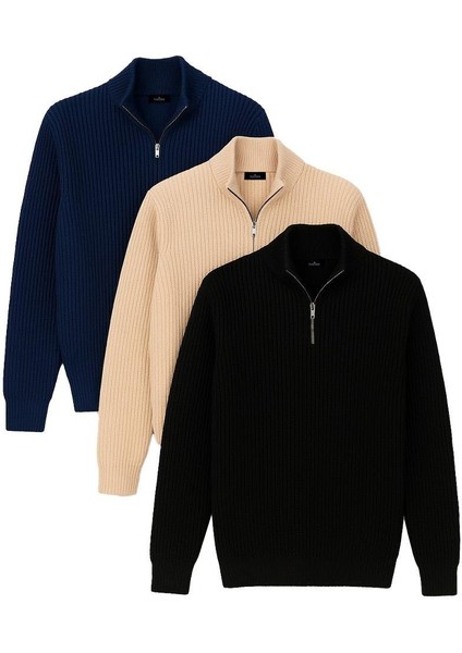 Erkek 3'lü Paket Koyu Saks Mavi-Bej-Siyah Slim Fit Dar Kesim Fermuarlı Dik Yaka Triko Kazak