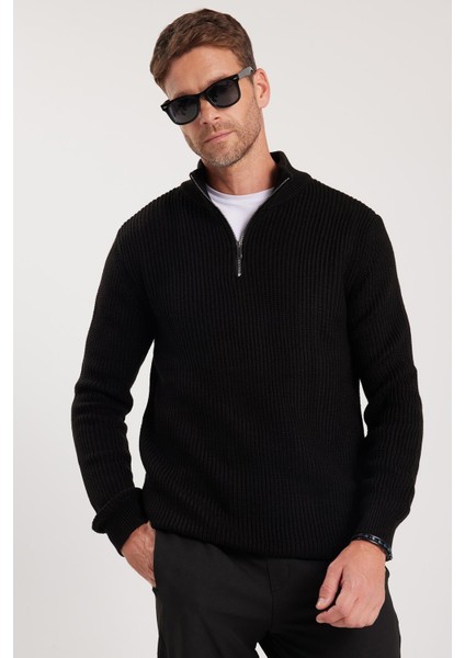 Erkek 3'lü Paket Koyu Saks Mavi-Bej-Siyah Slim Fit Dar Kesim Fermuarlı Dik Yaka Triko Kazak fiyatları