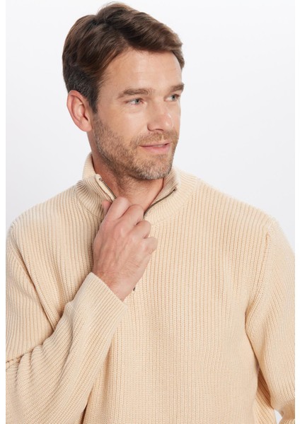 Erkek 3'lü Paket Koyu Saks Mavi-Bej-Siyah Slim Fit Dar Kesim Fermuarlı Dik Yaka Triko Kazak modelleri