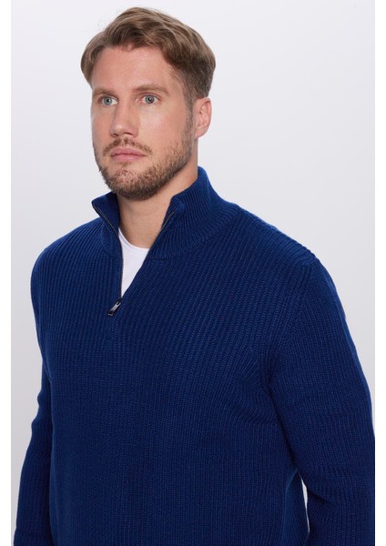 Erkek 3'lü Paket Koyu Saks Mavi-Bej-Siyah Slim Fit Dar Kesim Fermuarlı Dik Yaka Triko Kazak fırsatları