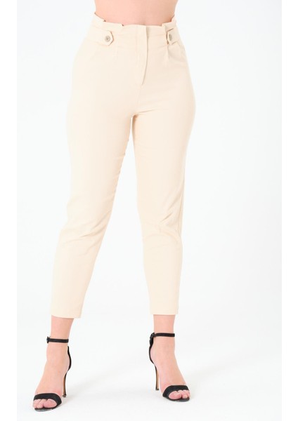 Kadın Yüksek Bel Düğme Detay Bilek Boy Pileli Gabardin Açık Bej Pantolon